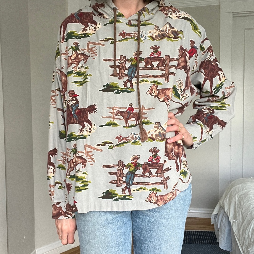 Vintage Espirit Flannel Blue Western Cowboy Print Hoodie | Size Medium